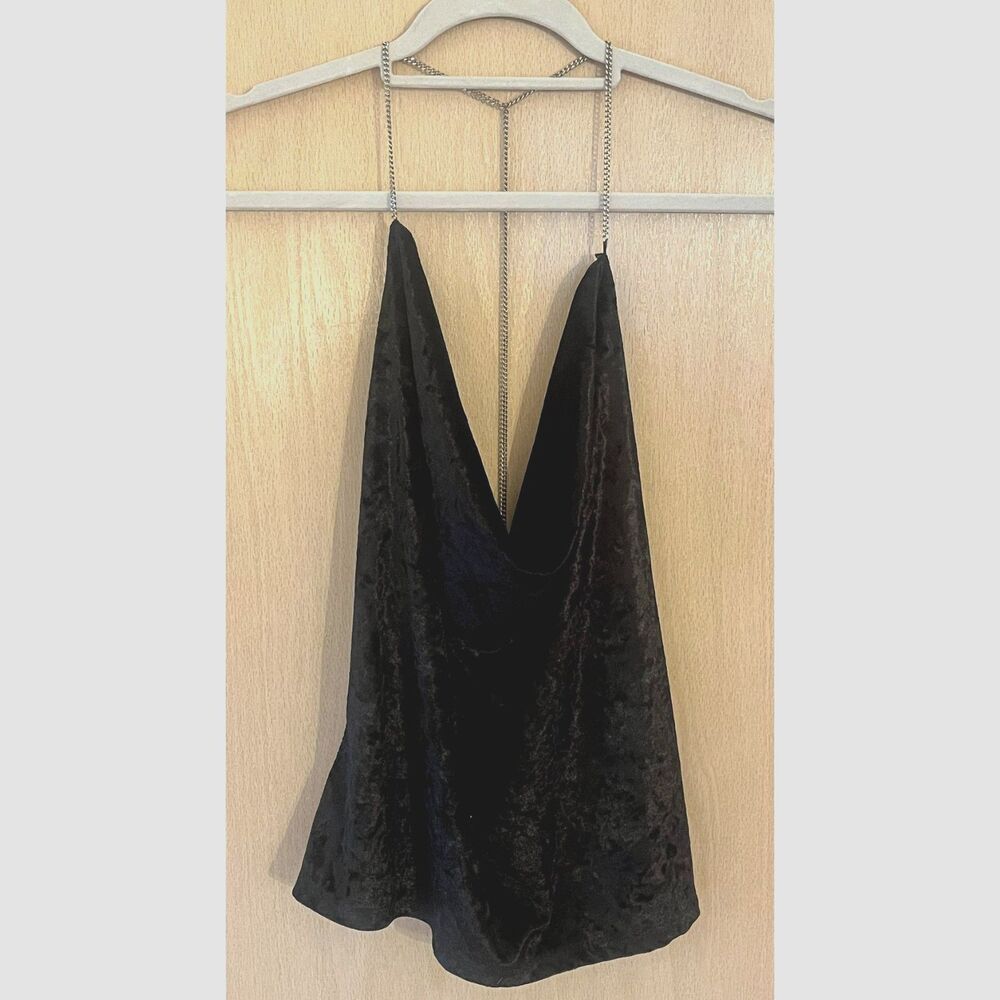 essue Women's Black Velvet Top with Silver Chain Strap (S)